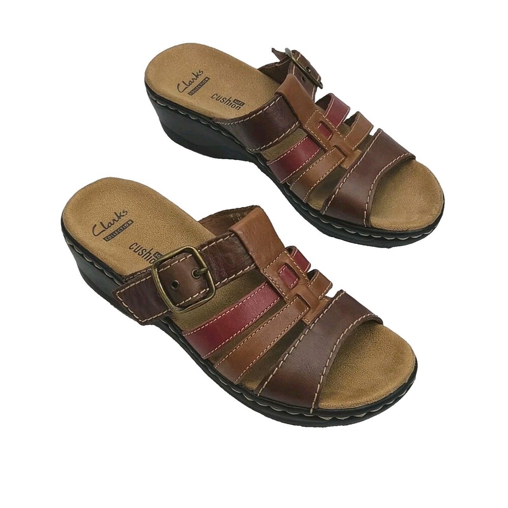 Clarks Collection Sandal Shoe Brown Leather 2" Heel Cushion Soft Women Size 6.5